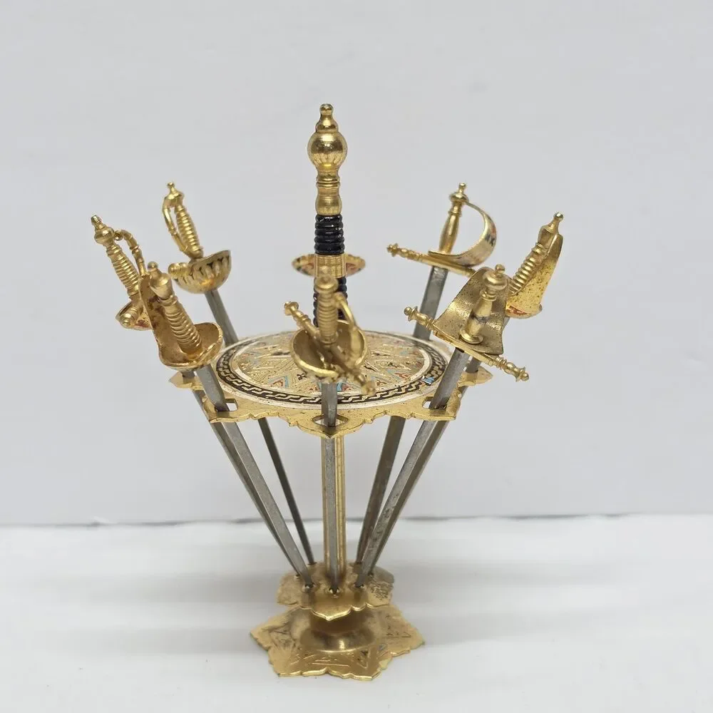 Vintage MCM TOLEDO Cocktail Picks Barware Mini Swords Set Of 8 Spain With Holder
